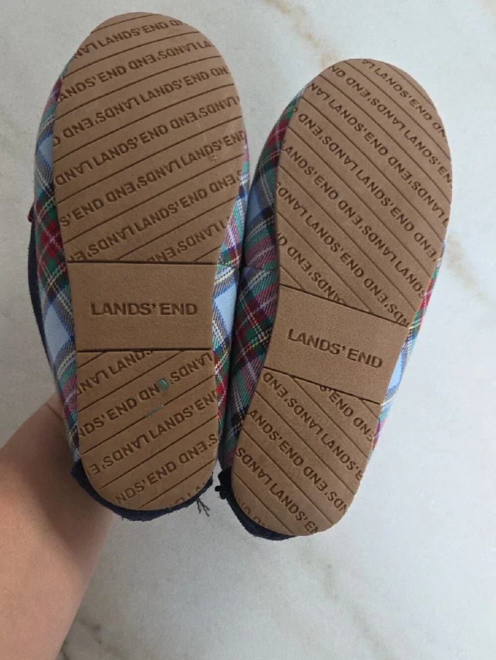 Lands' End Blue Plaid Sherpa-Lined Moccasin Slippers Size 2